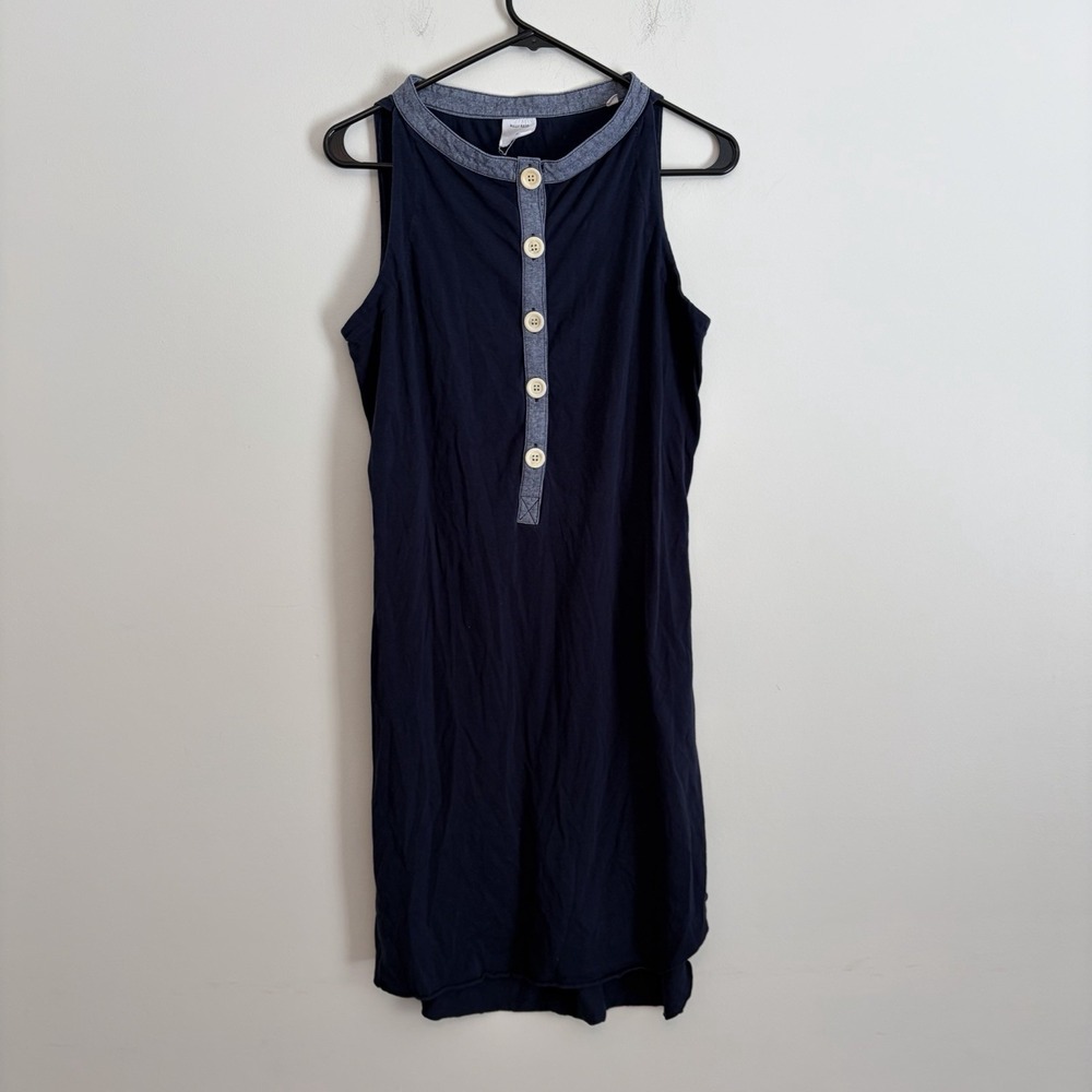 Bill Reid Medium Cotton Sleeveless Tank Dress Navy Button Natural Summer Slit